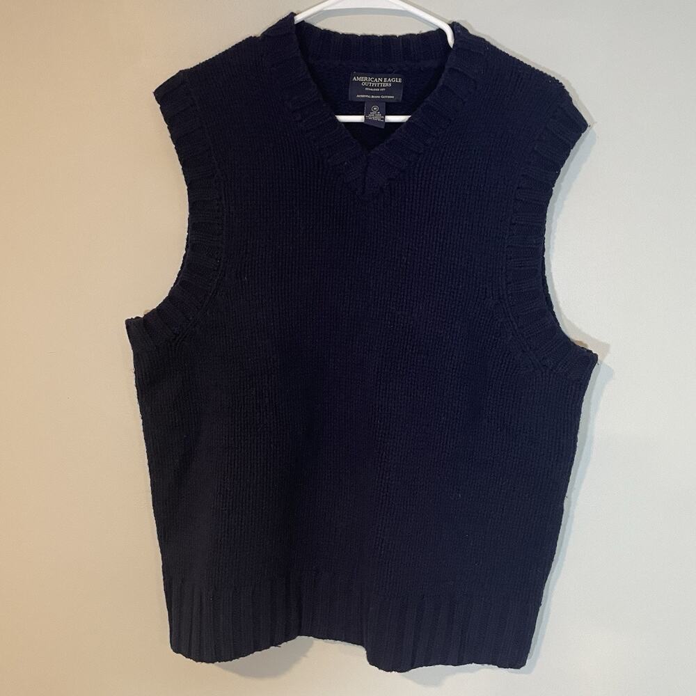 VTG American Eagle Men's Blue V-Neck‎ Pullover Sweater Vest Lambswool M Academia